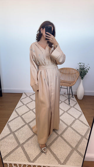 Embellished kaftan with belt in beige- ayla