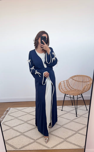 navy bow sleeve two piece abaya - saza