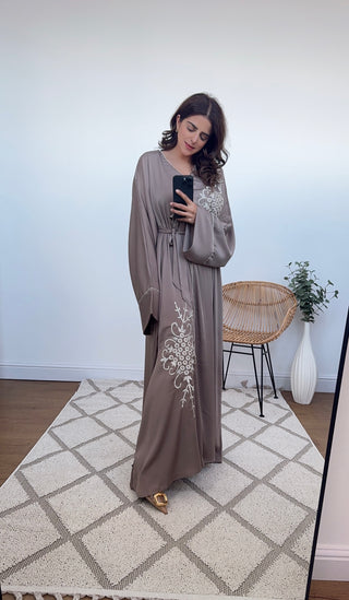 taupe embroidered abaya- aamaal