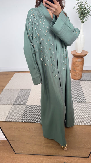 Embellished abaya with pockets in sage- aafia