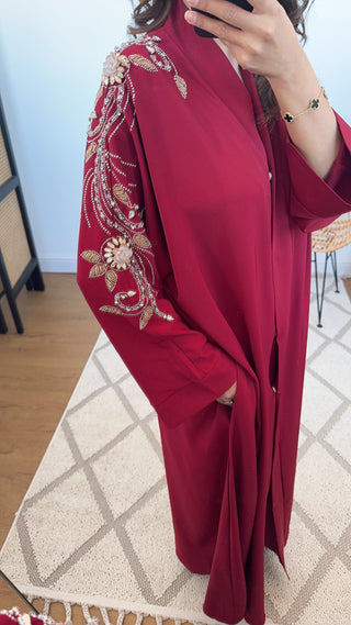 wine shoulder encrusted abaya with pockets- aqila