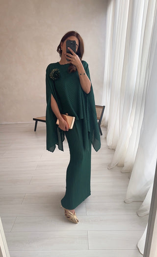 emerald pleated dress with cape- neha