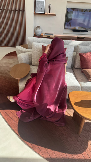 Premium organza abaya three piece in burgundy