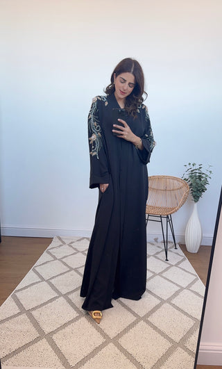 black shoulder encrusted abaya with pockets- aqila