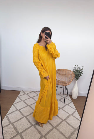 Long pleated ruffle sleeve dress yellow - Zuri