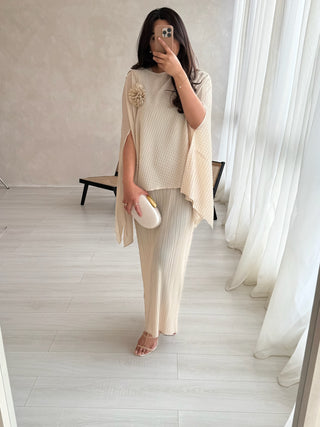 beige pleated dress with cape- neha