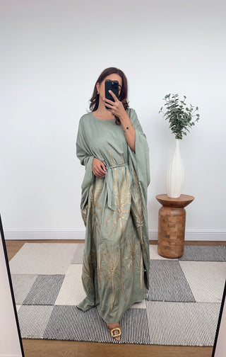 sage kaftan dress with belt- amrita