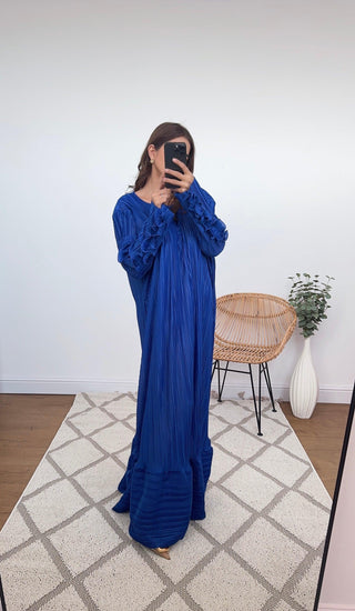 Royal blue Long pleated ruffle sleeve dress - Zuri