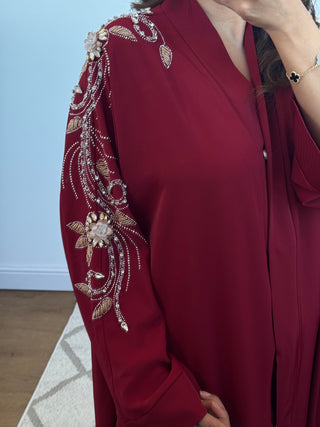 wine shoulder encrusted abaya with pockets- aqila