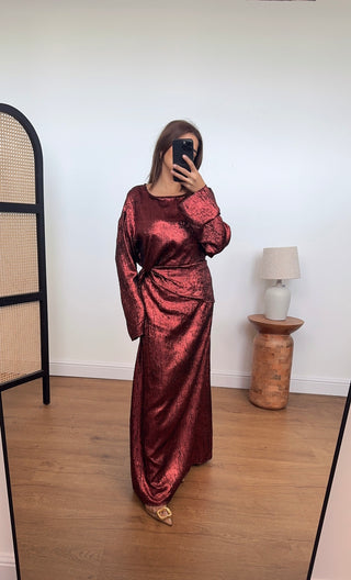 alara shimmer dress in wine