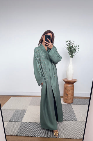 Embellished abaya with pockets in sage- aafia