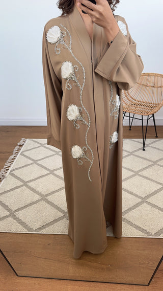 Embellished abaya with 3D flower camel - Myra