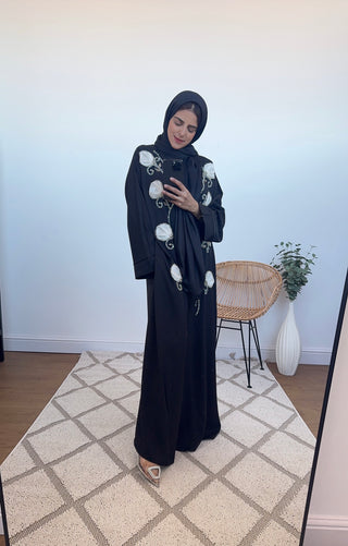 Embellished abaya with 3D flower black - Myra