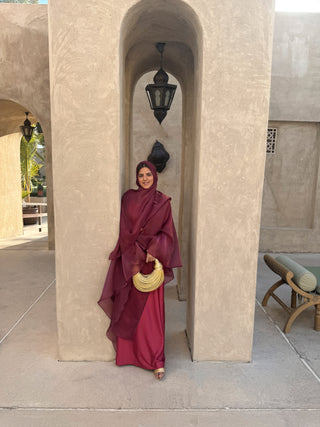 Premium organza abaya three piece in burgundy