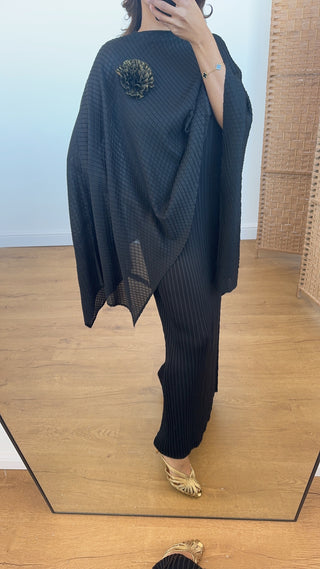 black pleated dress with cape- neha