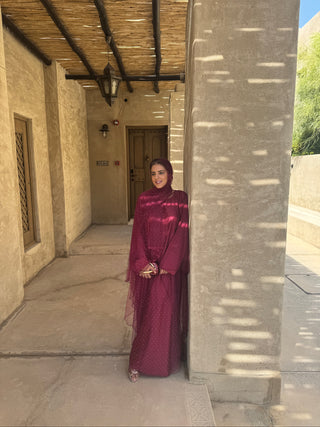 Premium diamante three piece abaya burgundy