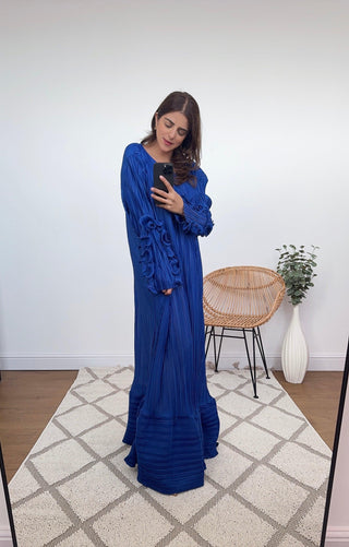 Royal blue Long pleated ruffle sleeve dress - Zuri