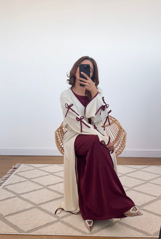 ivory/wine bow sleeve two piece abaya - saza