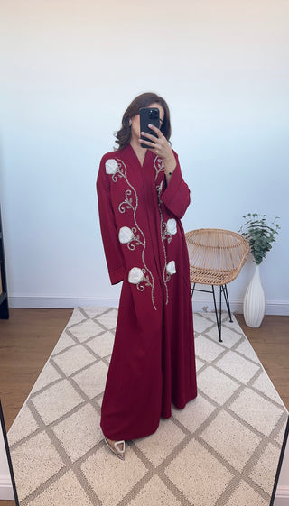 Embellished abaya with 3D flower wine - Myra