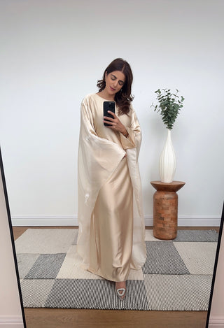 Beige kaftan with organza attached cape- sara