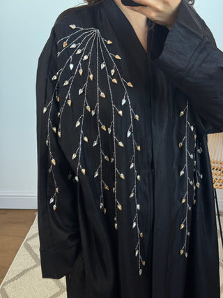 Embellished abaya with pockets in black- aafia