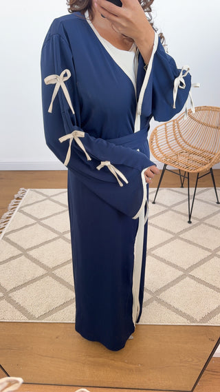 navy bow sleeve two piece abaya - saza