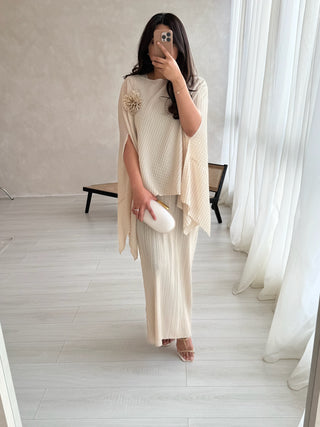 beige pleated dress with cape- neha