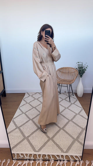 Embellished kaftan with belt in beige- ayla