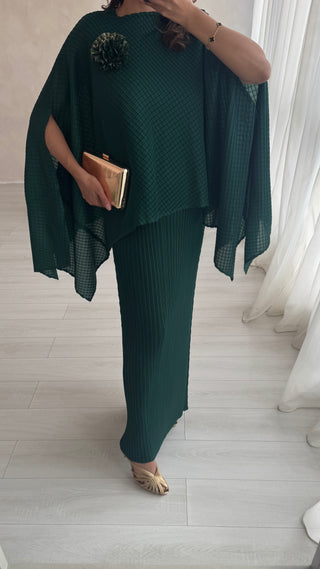 emerald pleated dress with cape- neha