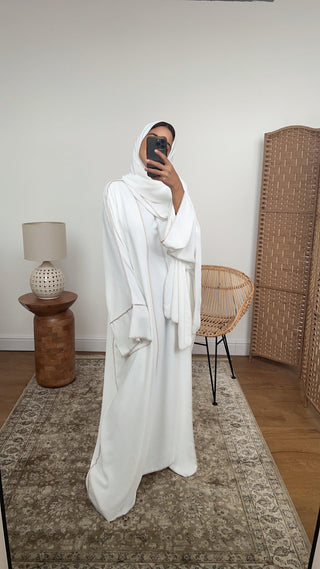 Stunning modest white abaya set, perfect for Eid celebrations.