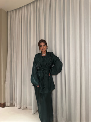 Stunning Emerald Shimmer Two-Piece Hawa, a shimmering abaya dress with a flowing kimono overlay for effortless elegance.