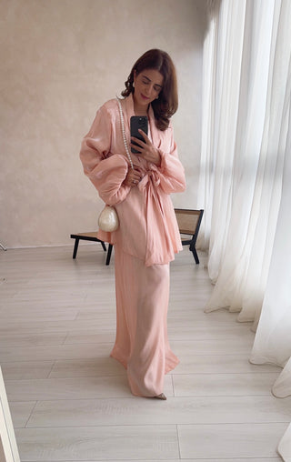 Pink Shimmer Two-Piece Hawa with a sleeveless dress and a tie-front kimono, perfect for Eid abayas and special events.