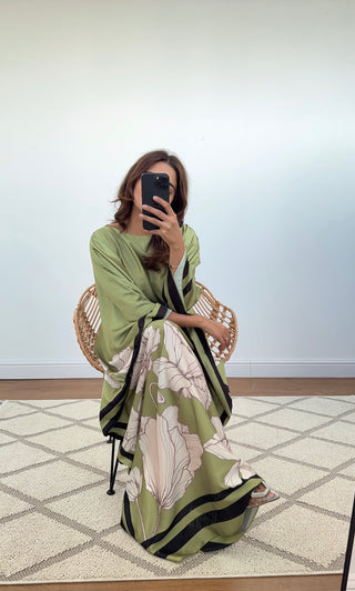 Stunning floral kaftan gown in pistachio, perfect for Eid or wedding guests.