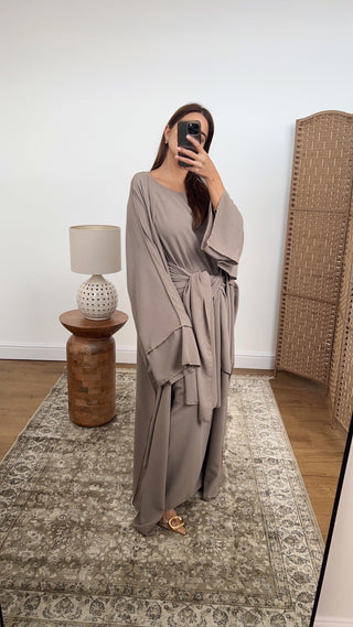 Modest fashion mocha abaya set, designed for Ramadan and Eid celebrations.