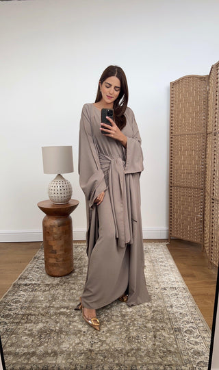 Stylish mocha abaya dress with a matching hijab and inner slip, ideal for Eid.