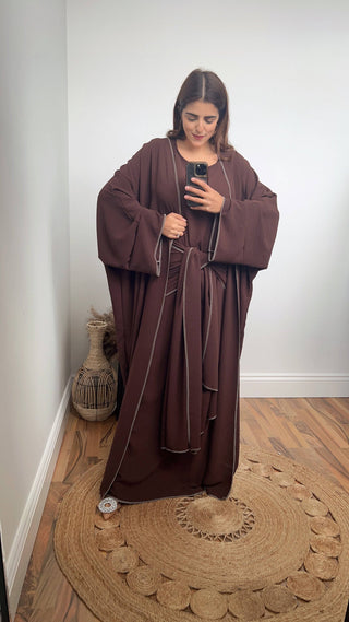 Limited edition coco brown abaya set, a must-have for Eid festivities.