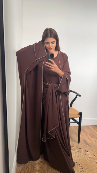 Elegant modest fashion abaya in coco brown, featuring a matching hijab.